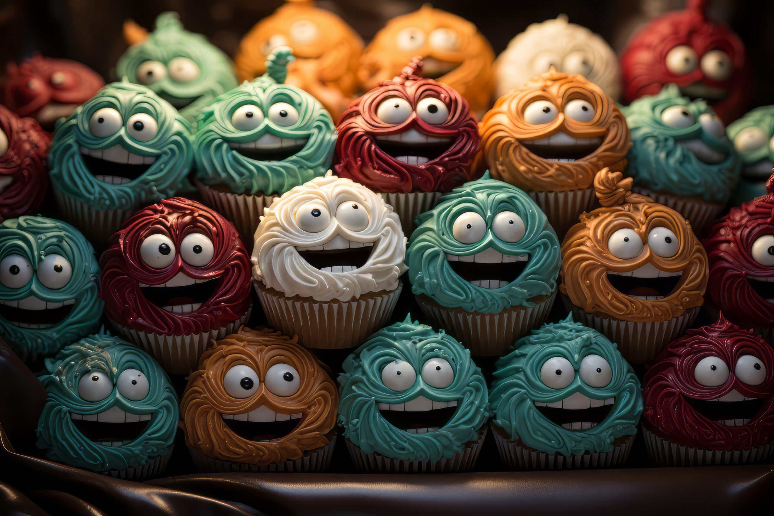 Stock photo of christmas cupcakes with or nice faces, in the style of intricately textured, unreal engine 5, swirling vortexes, dark red and light green, dao trong le, manjit bawa, dau al set, --ar 3:2 --stylize 750