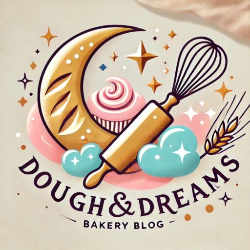 This logo has Blog name "Dough and Dreams" has a whisk, moon shaped bread, and a cupcake and stars. Represents dough and dream blog for Bakery.